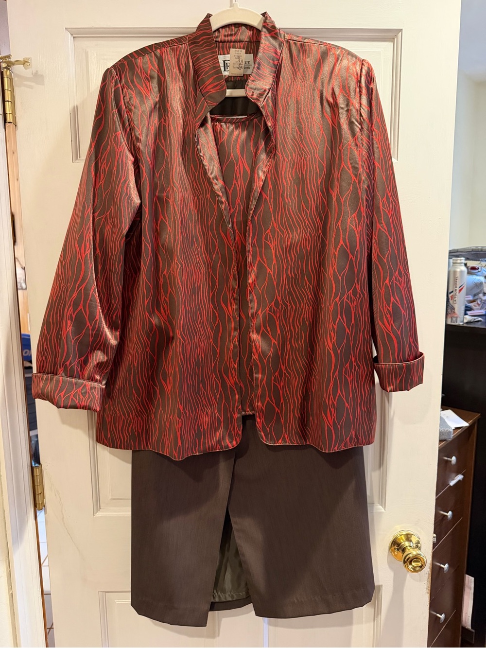 Women’s Skirt Suit with Red Wave-Print Satin Blazer & Under Blouse & Brown Skirt